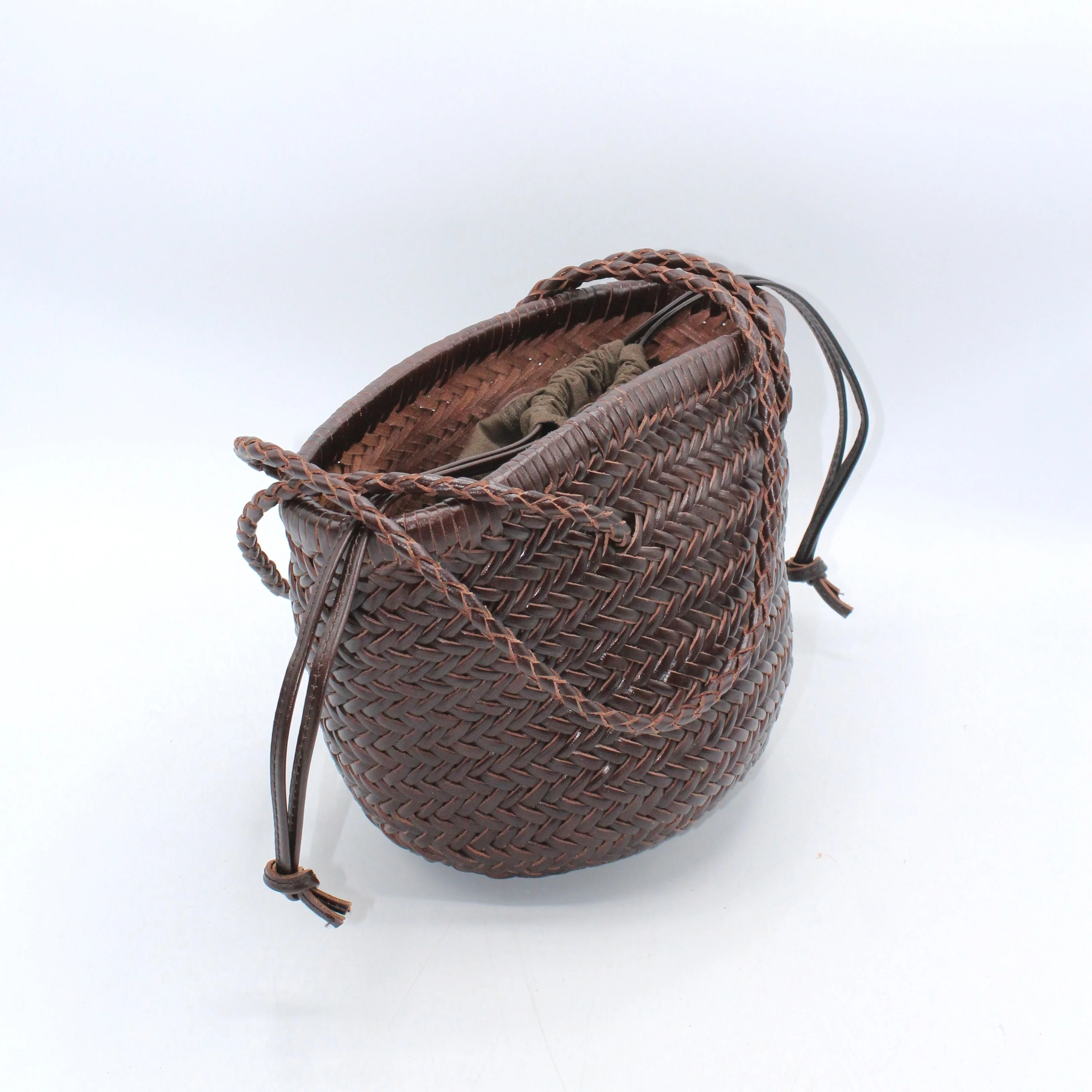 Carmel- Hand Woven Leather Shoulder Bucket Bag Chocolate - Image 3
