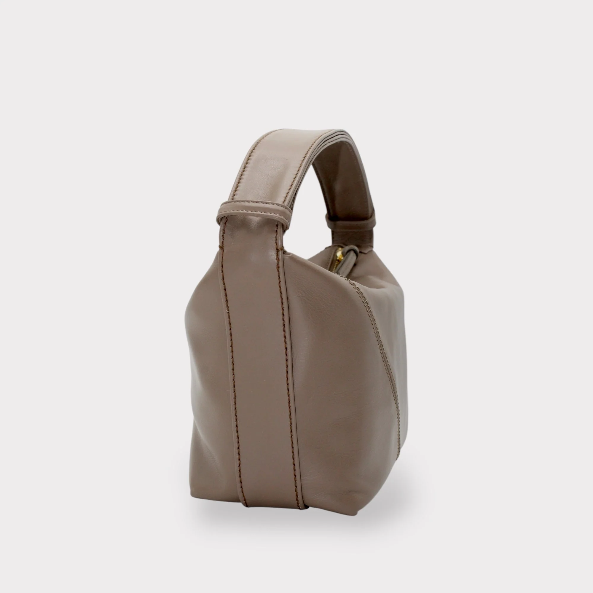Evy - Genuine Leather Pouch Shoulder Bag - Taupe - Image 3