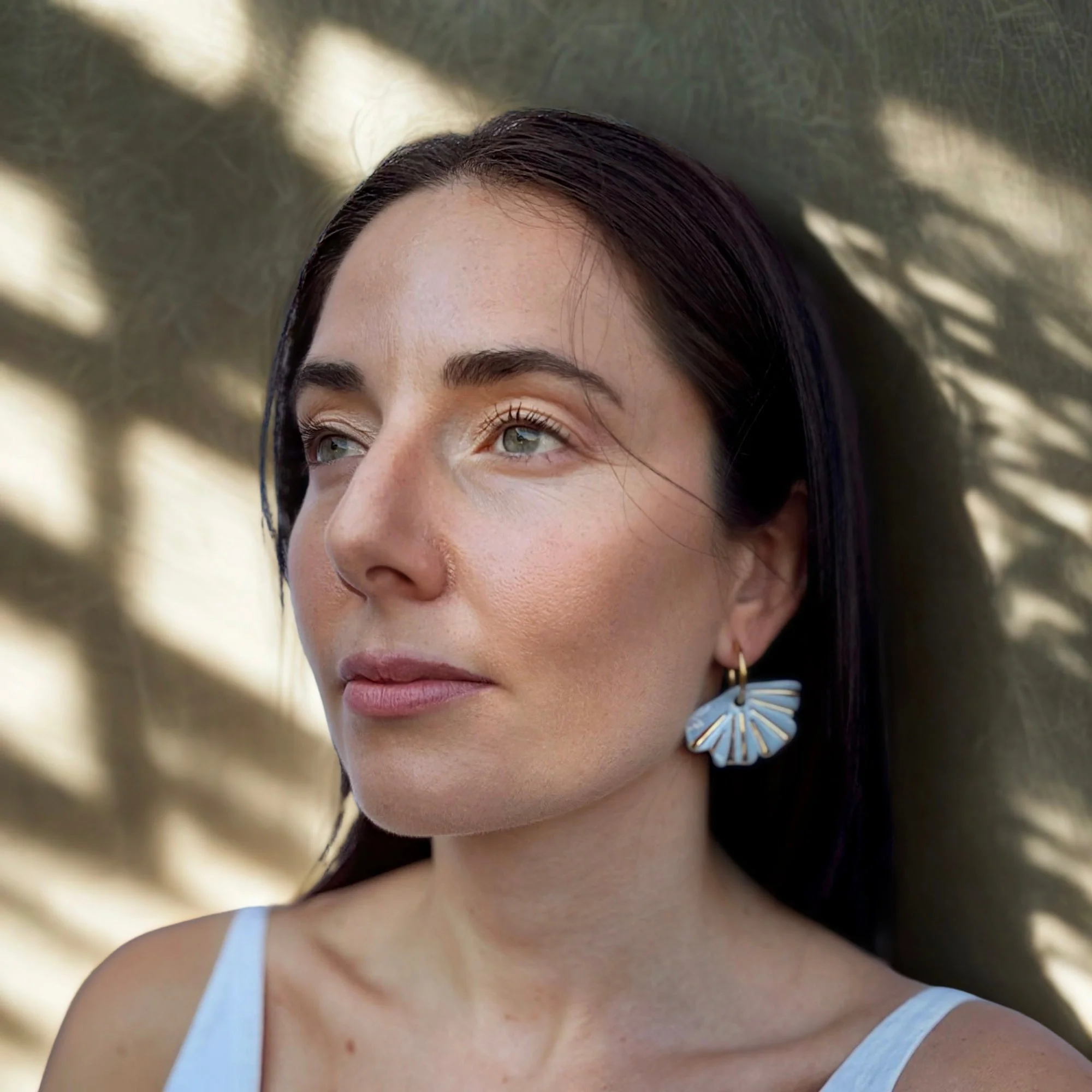 Selene | Handcrafted light blue ceramic dangle earrings with golden details - Image 3