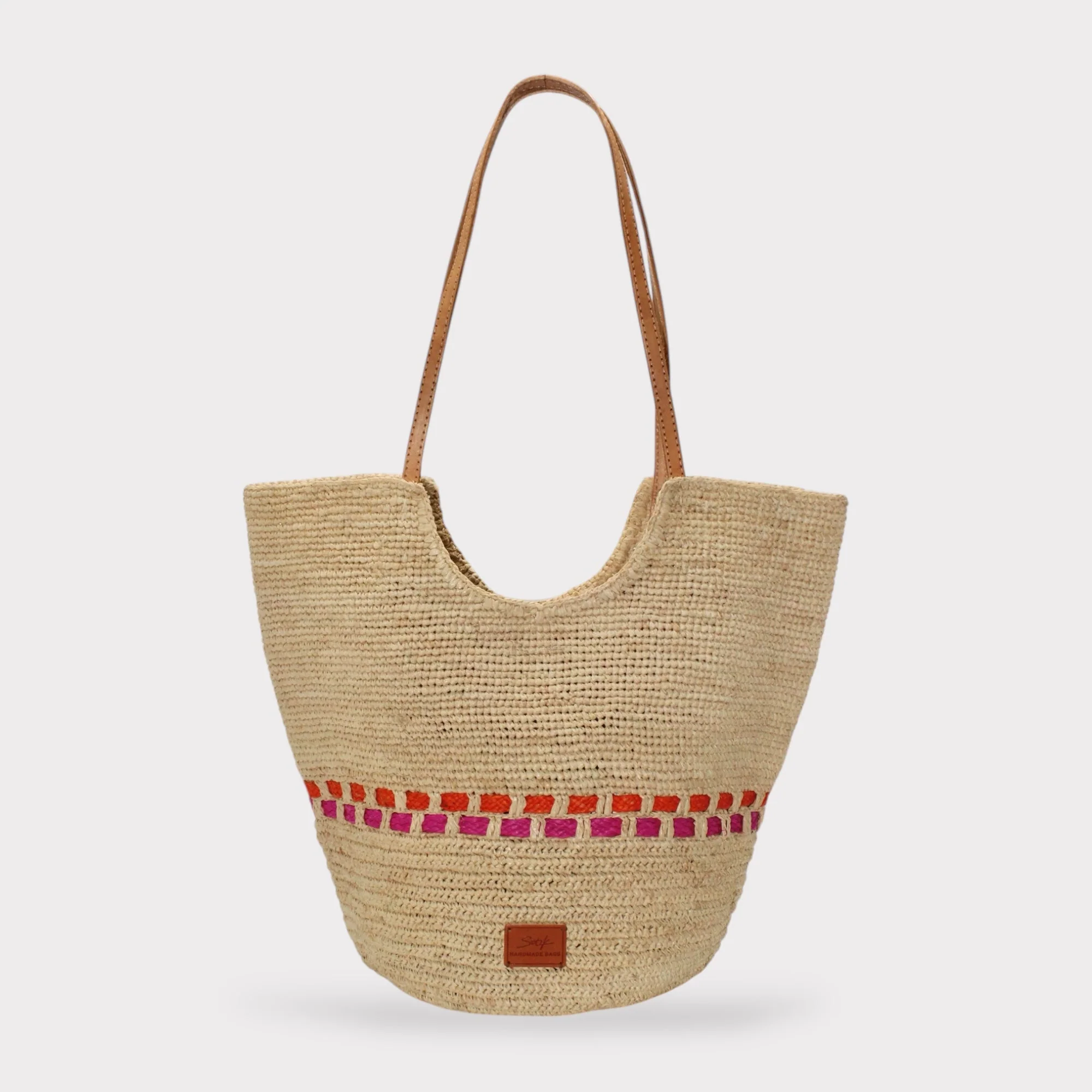 Zola - Handmade Natural Raffia Tote Bag - Fuchsia and Orange