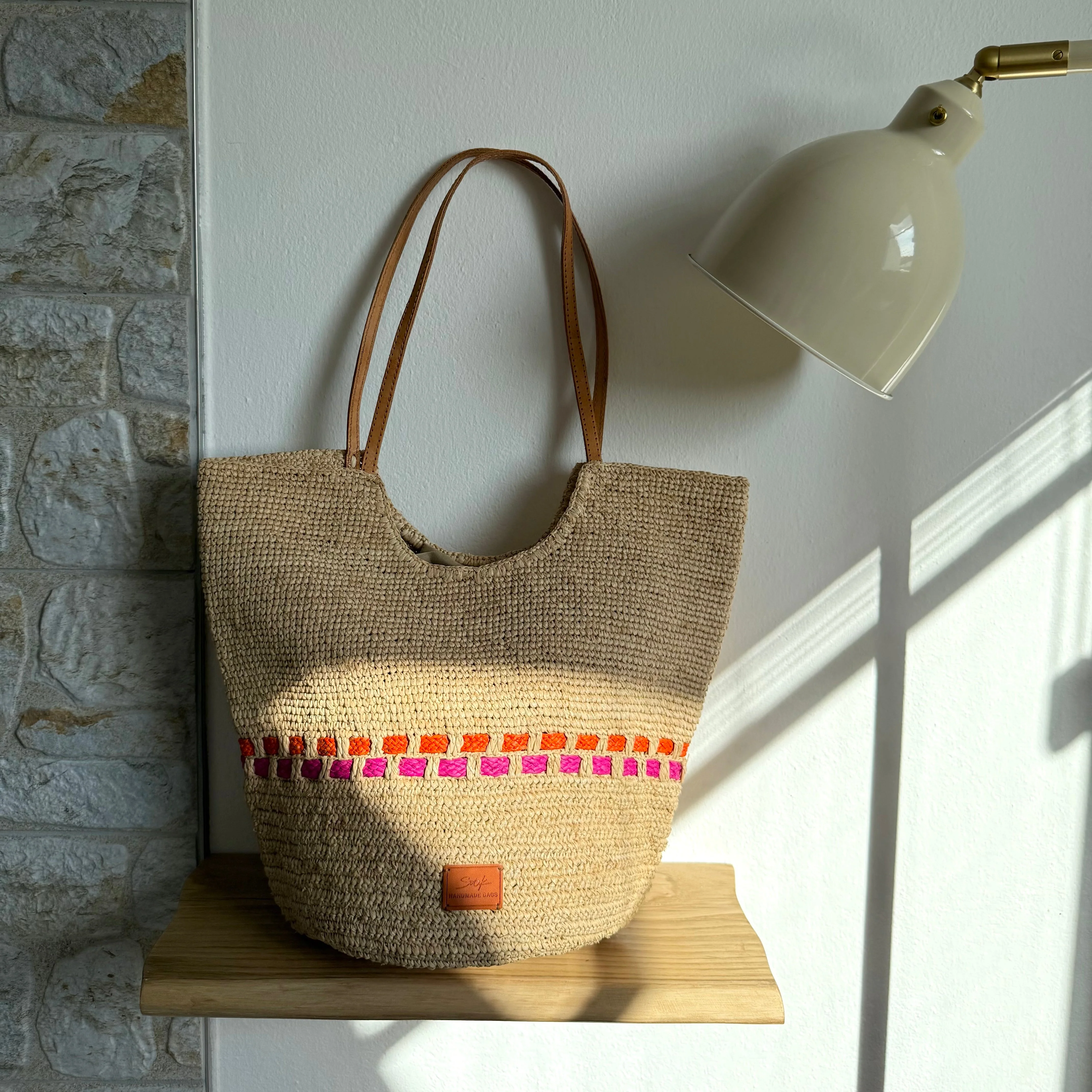 Zola - Handmade Natural Raffia Tote Bag - Fuchsia and Orange - Image 2