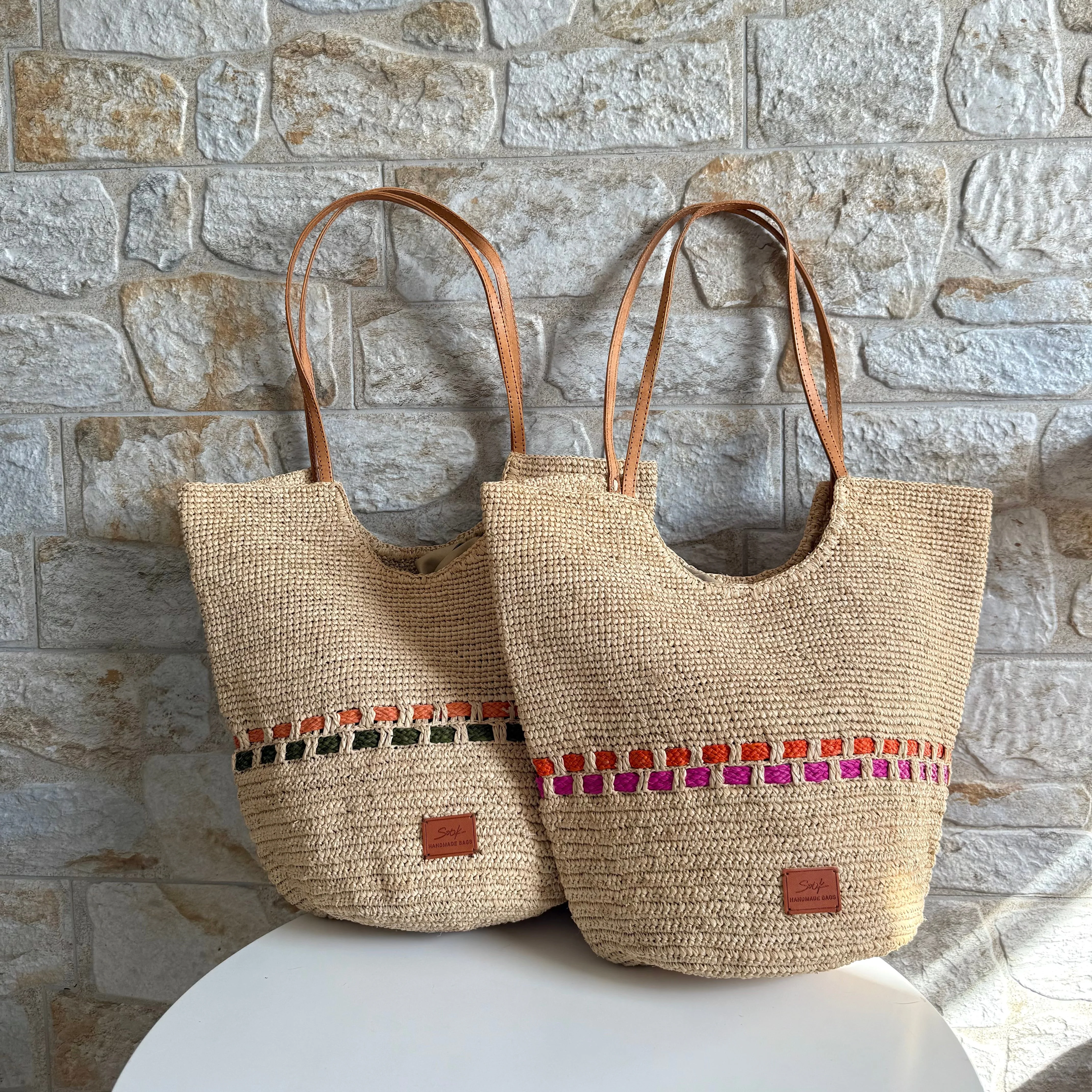 Zola - Handmade Natural Raffia Tote Bag - Fuchsia and Orange - Image 6